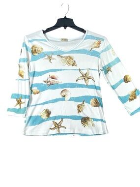 Cactus Nautical Striped Beach Top Women M Seashells Starfish Conch V-Neck Bling